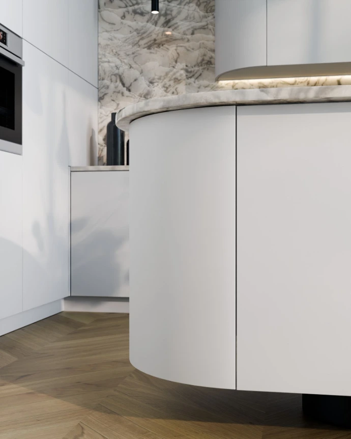 Front curbat neted integrat într-un corp de mobilier